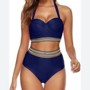 Urchics Women's Retro Halter High Rise Bikini Swimsuit In Blue Size Medium